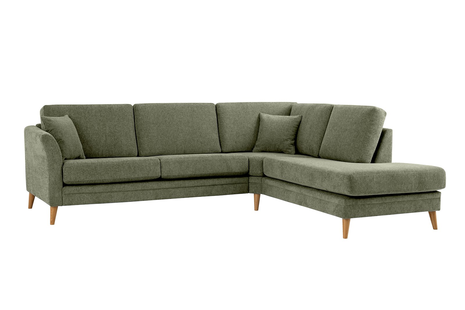 Eden hjørnesofa 2,5-seter med åpen ende høyre. Tekstil Thor 17 Green med ben i eik natur (15137).