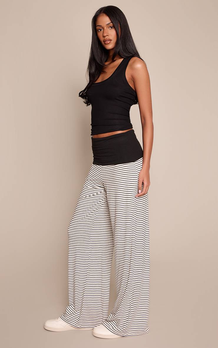 Noir Pantalon Large Taille Haute Rayé En Jersey Doux Avec Ceinture Contrastante Pour Grande Taille