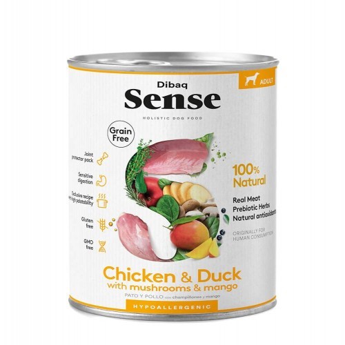 Ração Dibaq Sense sem grãos para cães, sabor frango e pato.