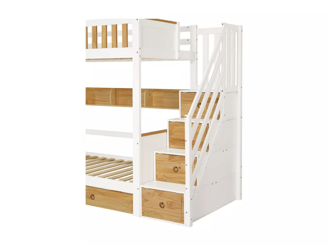 Lit superposé avec escalier de rangement - 90x200cm - 4 casiers dans l'escalier et 2 tiroirs sous le lit - avec sommier à lattes - Blanc