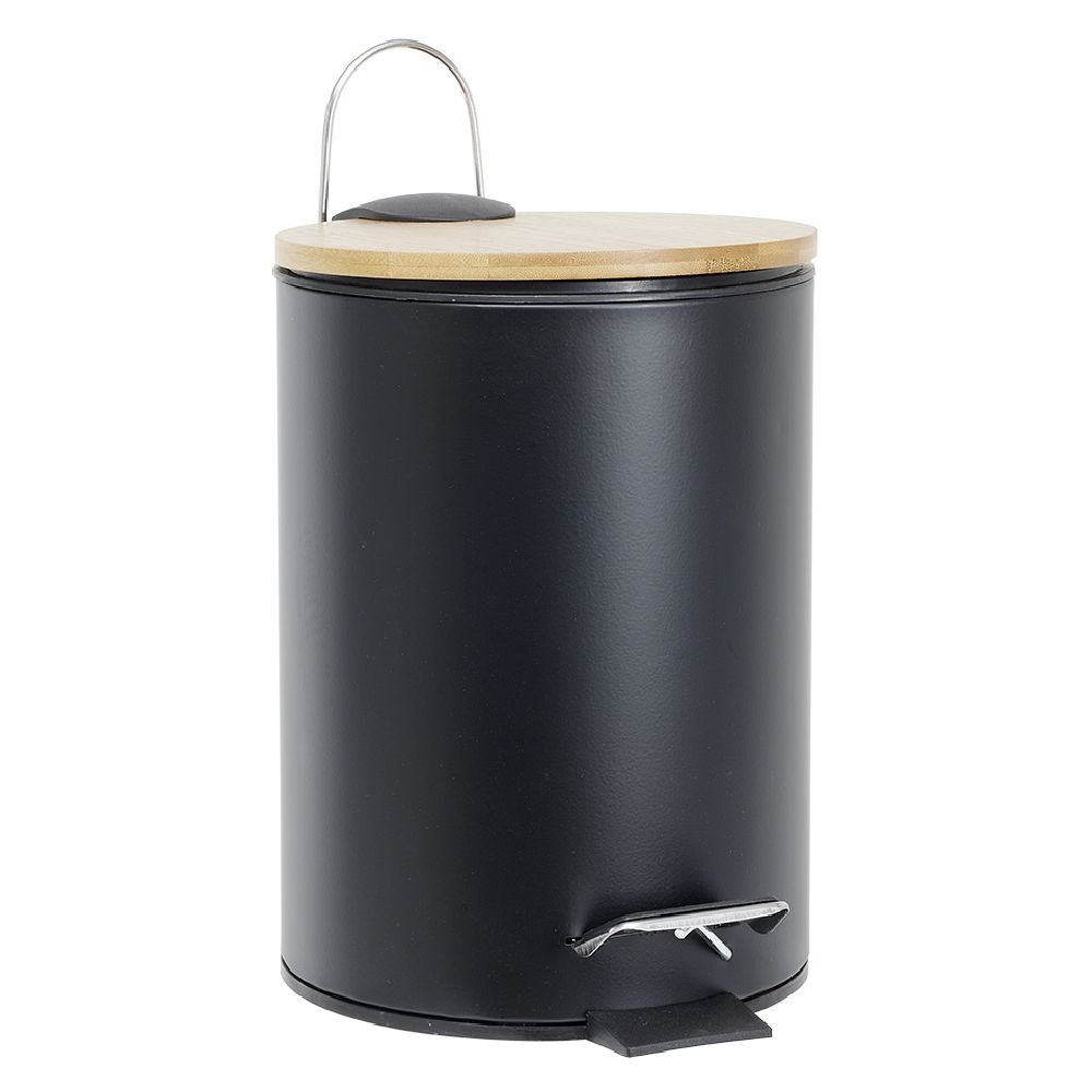 Poubelle salle de bain métal et bambou 3L noir