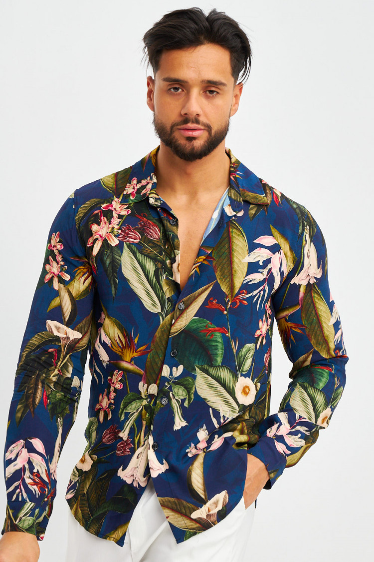 Chemise bleu marine à imprimé tropical