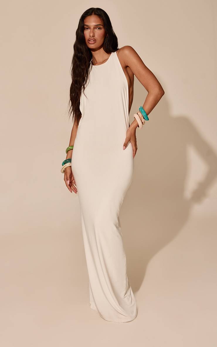 Crème Robe Maxi Dos Nageur Ouvert En Jersey Slinky Double Épaisseur