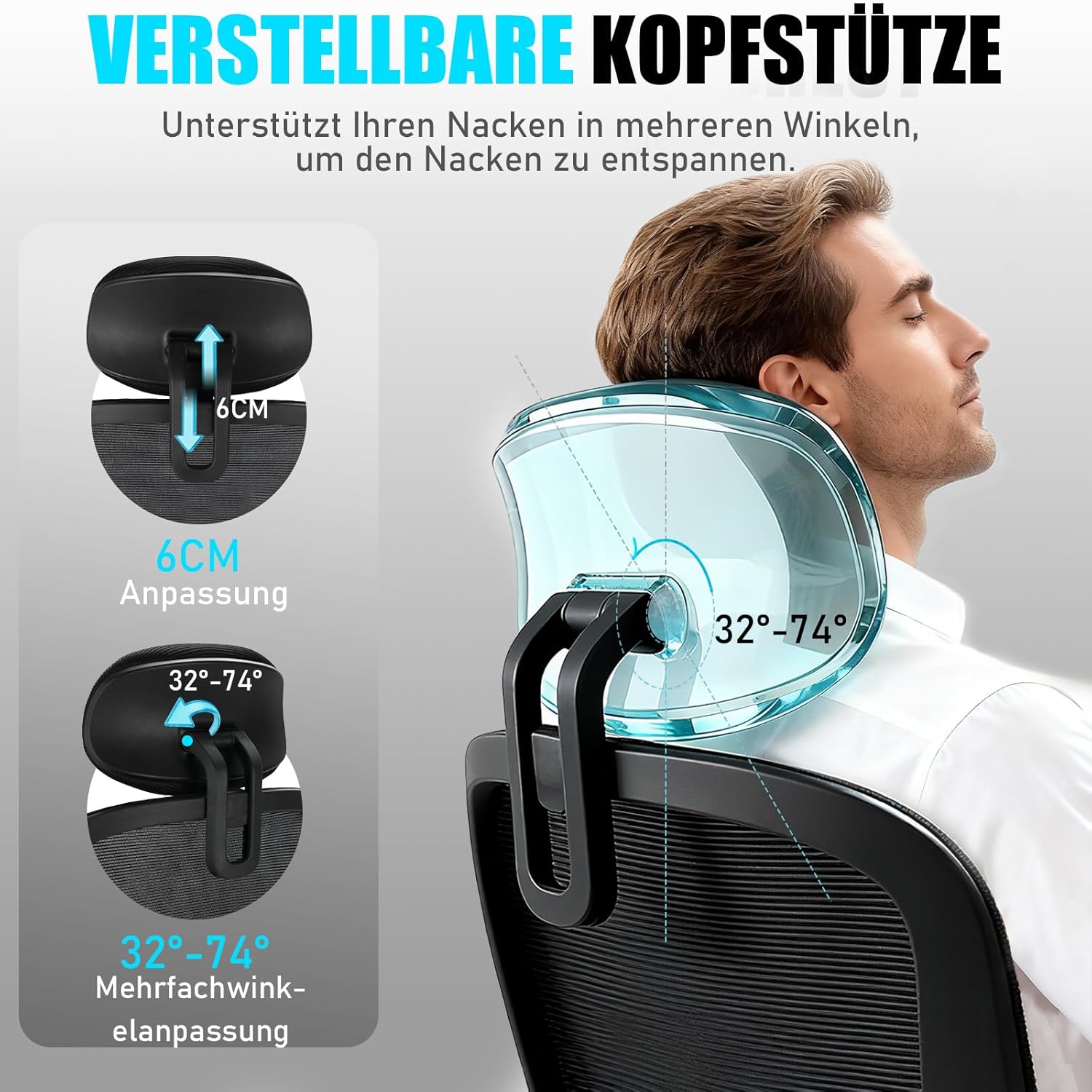 Bürostuhl, Ergonomischer Bürostuhl mit Verstellbarer 4D Lendenwirbelstütze, Schreibtischstuhl mit Kopfstütze, Drehstuhl mit 90°-130° Liegefunktion (Abschließbar), Netzstuhl bis 150KG, Schwarz
