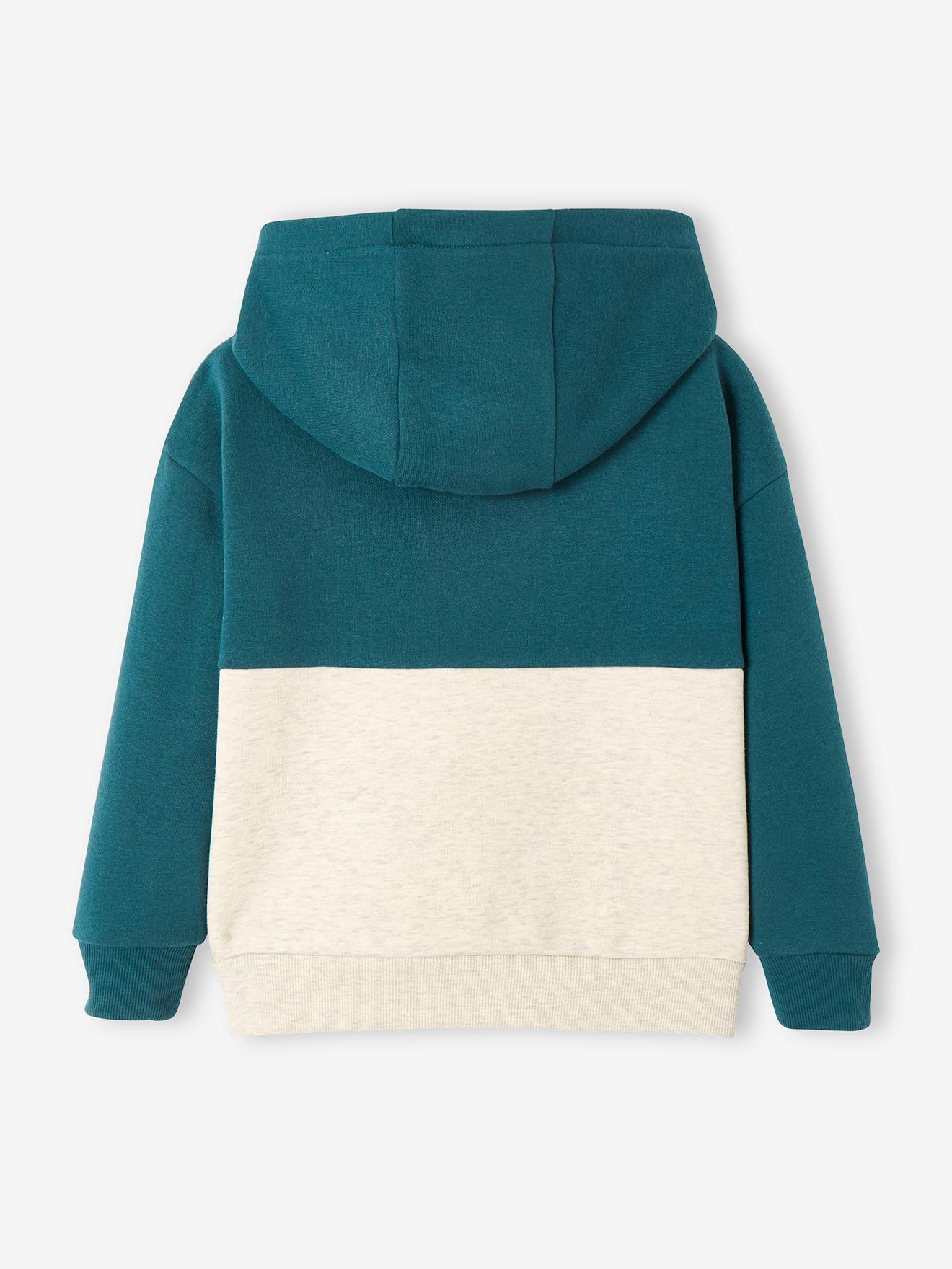 Moletom esportivo com capuz e blocos de cores, azul escuro liso com estampas, para meninos.