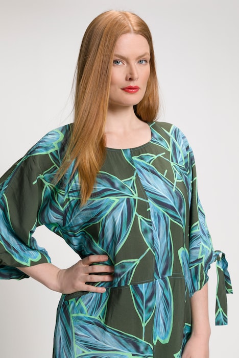 Midikleid, Blätter, A-Linie, Rundhals, 3/4-Fledermausarm
