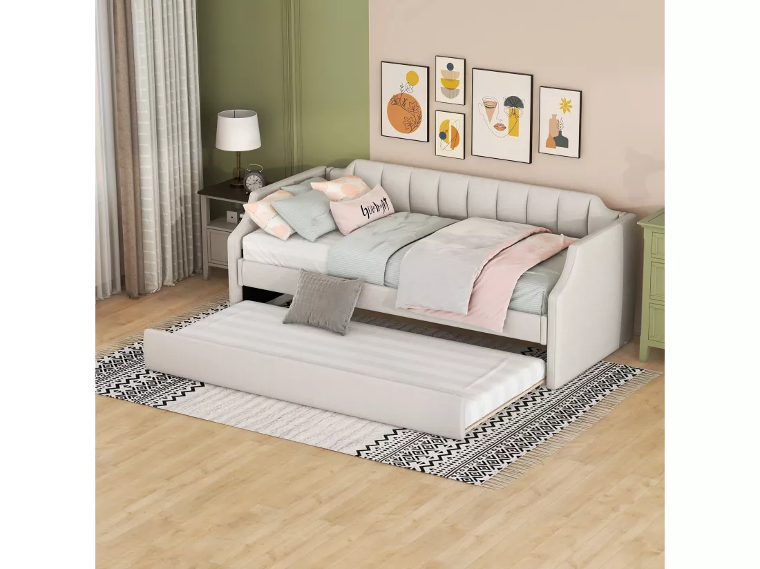 Lit gigogne 90x190/200cm en tissu de lin - avec sommier à lattes - Beige