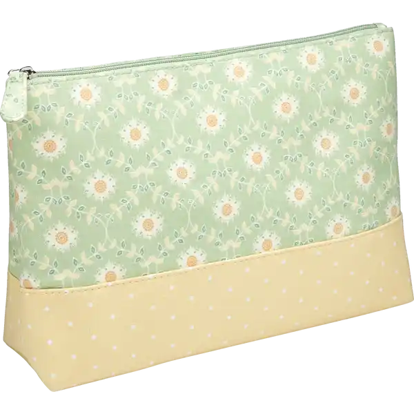 Kosmetiktasche grün / gelb mit Blumen und Punkten