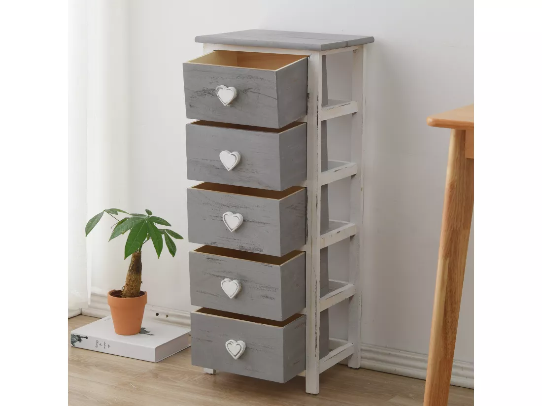 Commode Table 5 Tiroirs Bois Gris Cœur Shabby 84x35x27