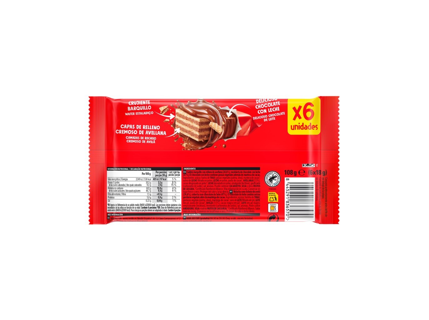 SNACK DE CHOCOLATE EXTRAFINO AVELÃ 6X18G