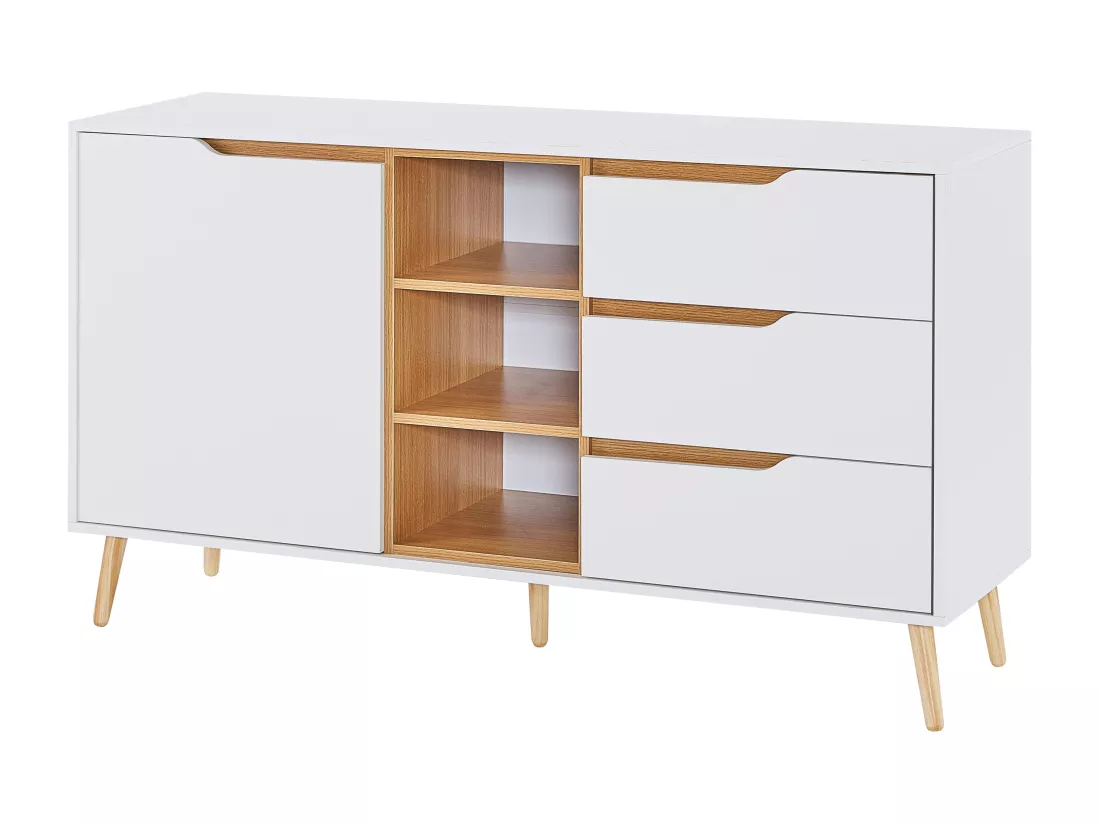 Buffet avec étagères, avec 3 tiroirs et espace de rangement ouvert, 140 x 40 x 80,5 cm, blanc