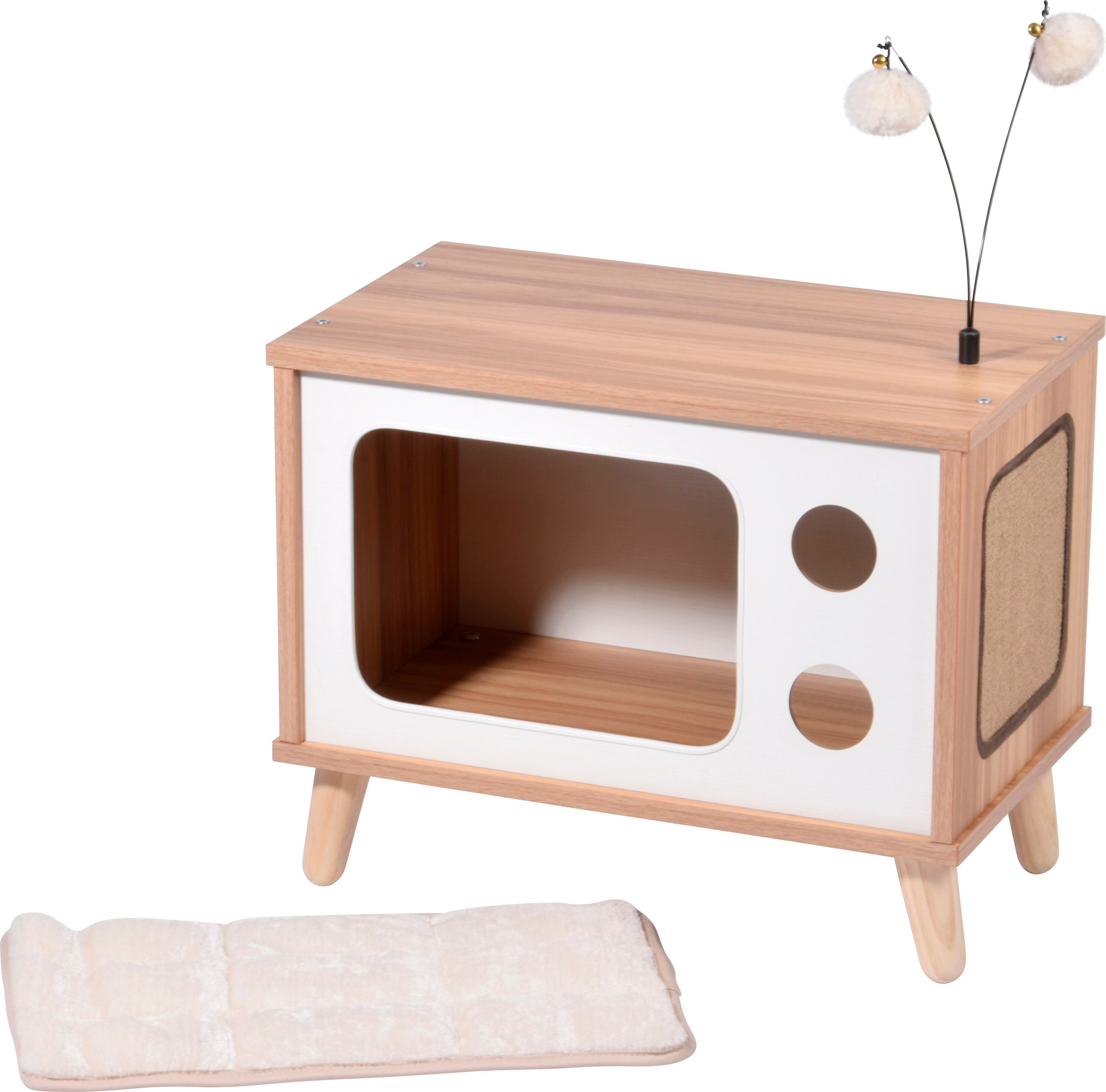 Katzenhöhle TV-Design mit Spielbällen, Jute-Fläche & Plüschkissen