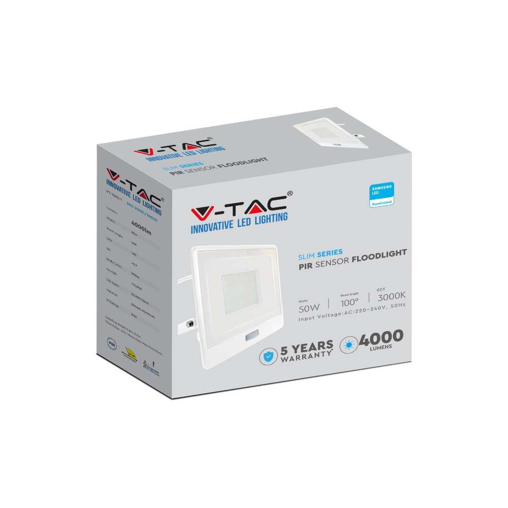 V-TAC VT-158S-1-W - LED-schijnwerper met PIR-sensor - Samsung - IP65 - Wit - 50W - 4000 lumen