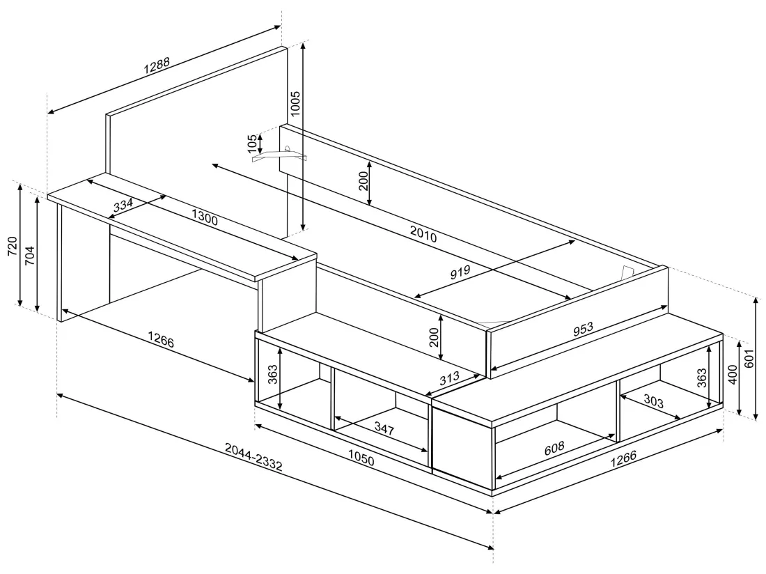 Lit combiné 90 x 200 cm avec rangements et bureau - Coloris : Naturel et blanc + Sommier + Matelas - RIGALI