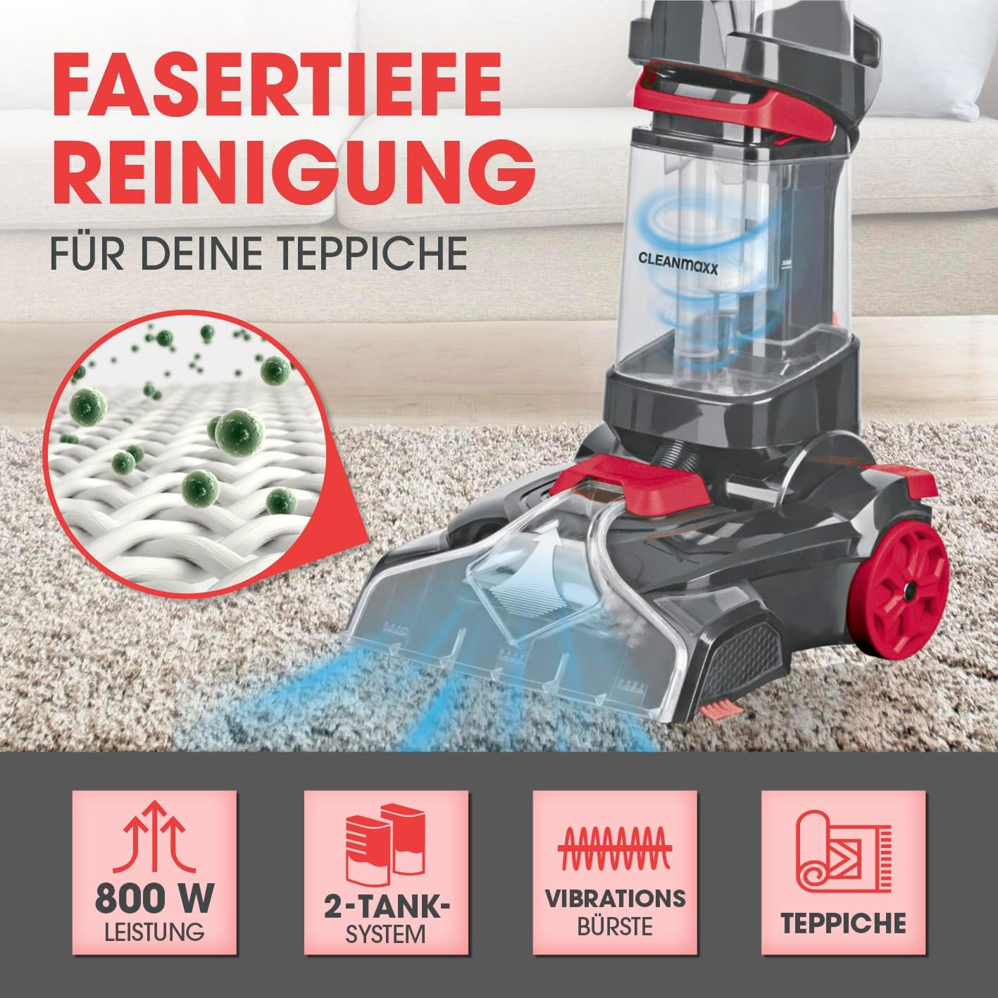 CLEANmaxx Teppichreiniger AquaStream | 3 in 1: waschen, reinigen, absaugen | Nasssauger mit Vibrationsbürsten & Seitenbürsten | Waschsauger, Trockensauger in 1 – für Sauberkeit auf fast jedem Teppich