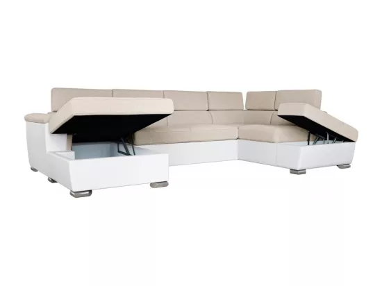 Canapé panoramique PAOLA convertible 2 coffres en tissu Easy Clean antitache et simili- Beige/Blanc