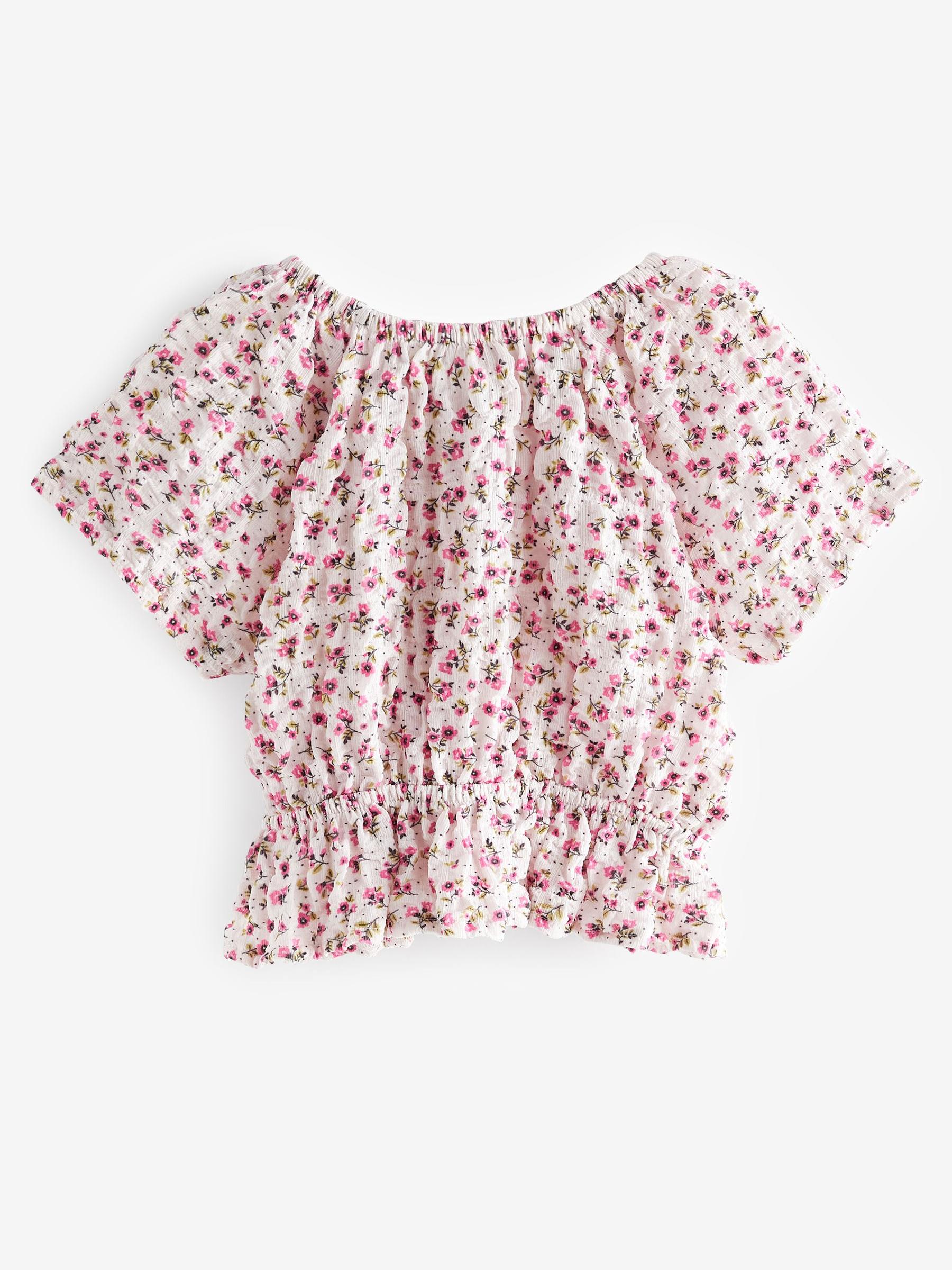 Roze-witte fijne bloemenprint - Bardottop van kreukstof (3-16 jr) met textuur