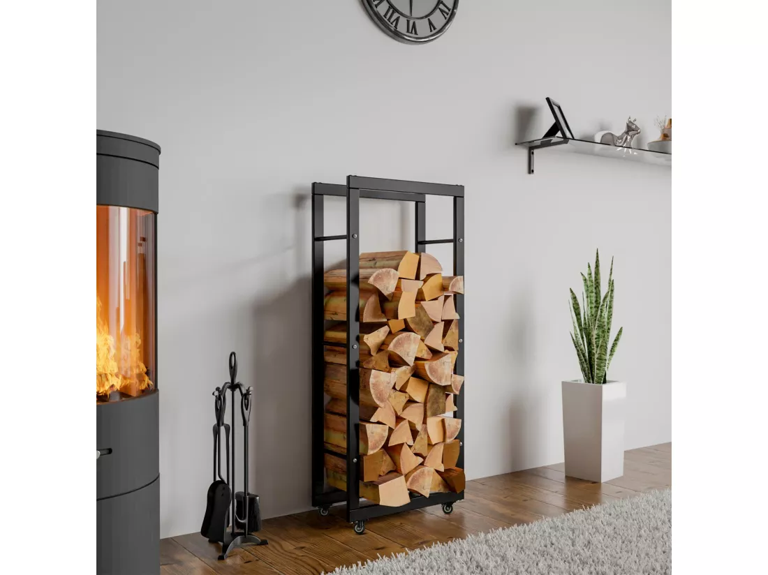 Etagère bois de cheminée - Métal - 25x40x125 cm - Noir - Keri