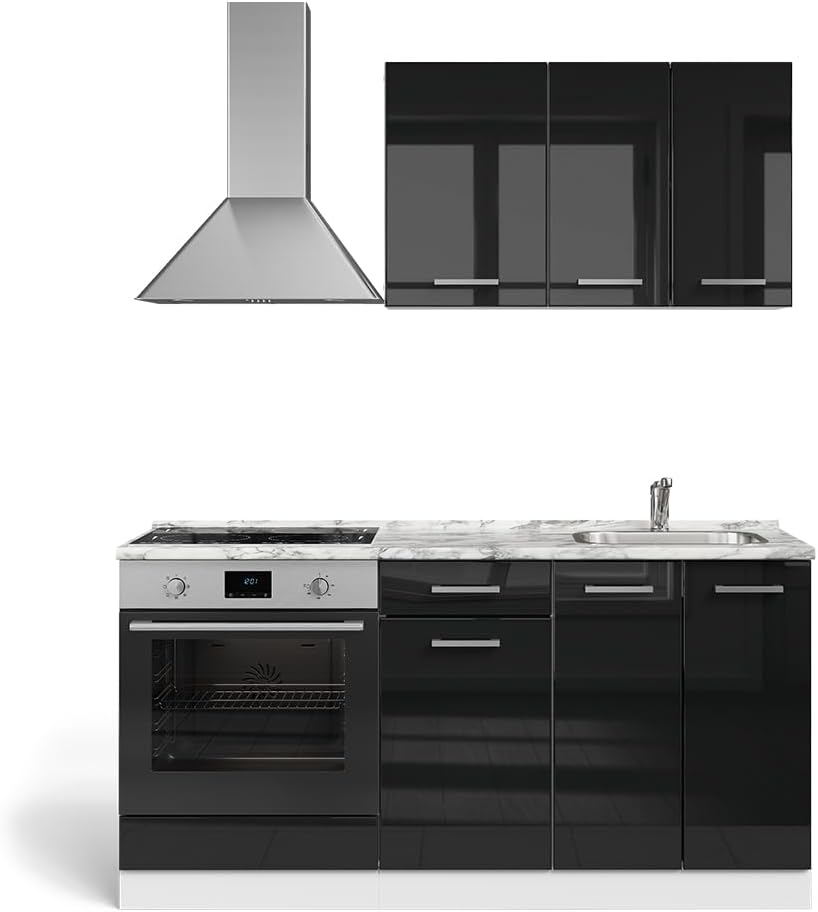 Vicco Singleküche R-Line, Schwarz Hochglanz/Weiß, 160 cm mit Herdumbauschrank und Spüle ohne AP