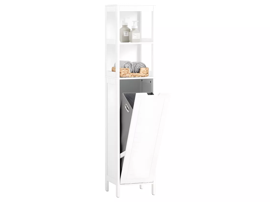 SoBuy Meuble Colonne de Salle de Bain, Armoire Toilette Haute, Meuble Salle de Bain Placard avec Étagères et Panier à Linge 30 x 30 x 145 cm, Blanc, BZR123-W