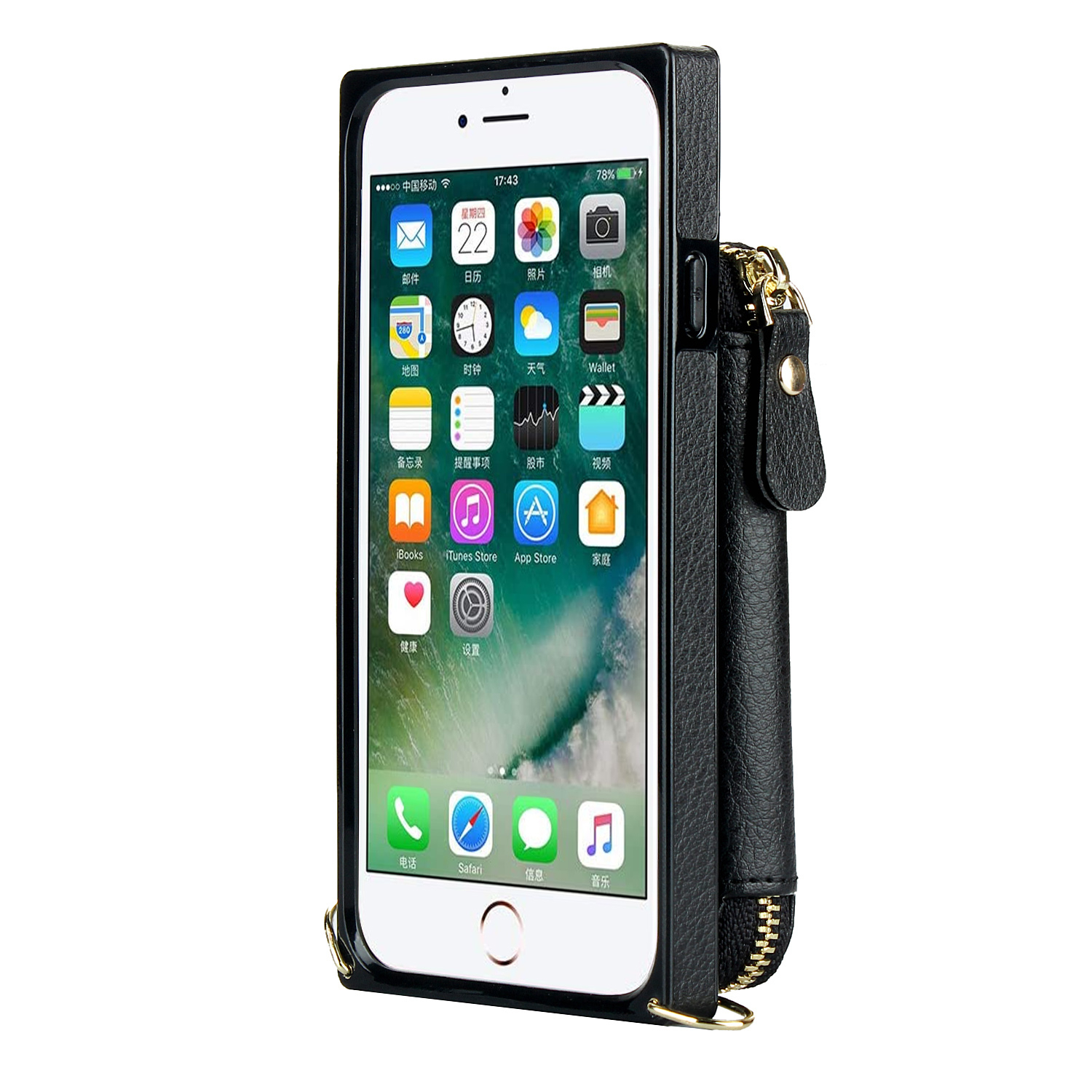 iPhone SE (2022/2020) / 8 / 7 / 6S Necklace Leder Schutz Hülle mit Kartenfächer   Handykette (140cm) - Schwarz