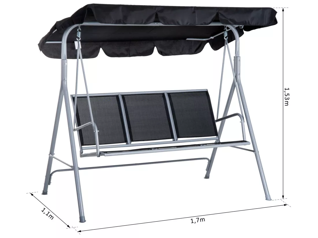 Balancelle de jardin 3 places grand confort toit imperméabilisé inclinaison réglable assise et dossier ergonomique acier textilène noir