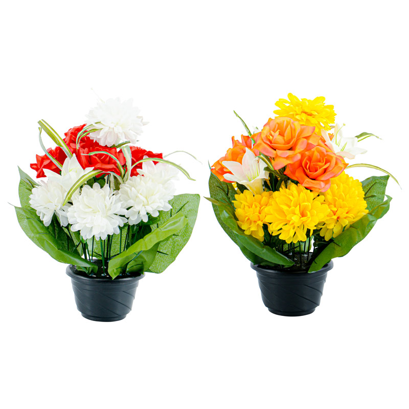 Coupe de chrysanthèmes, roses et lys