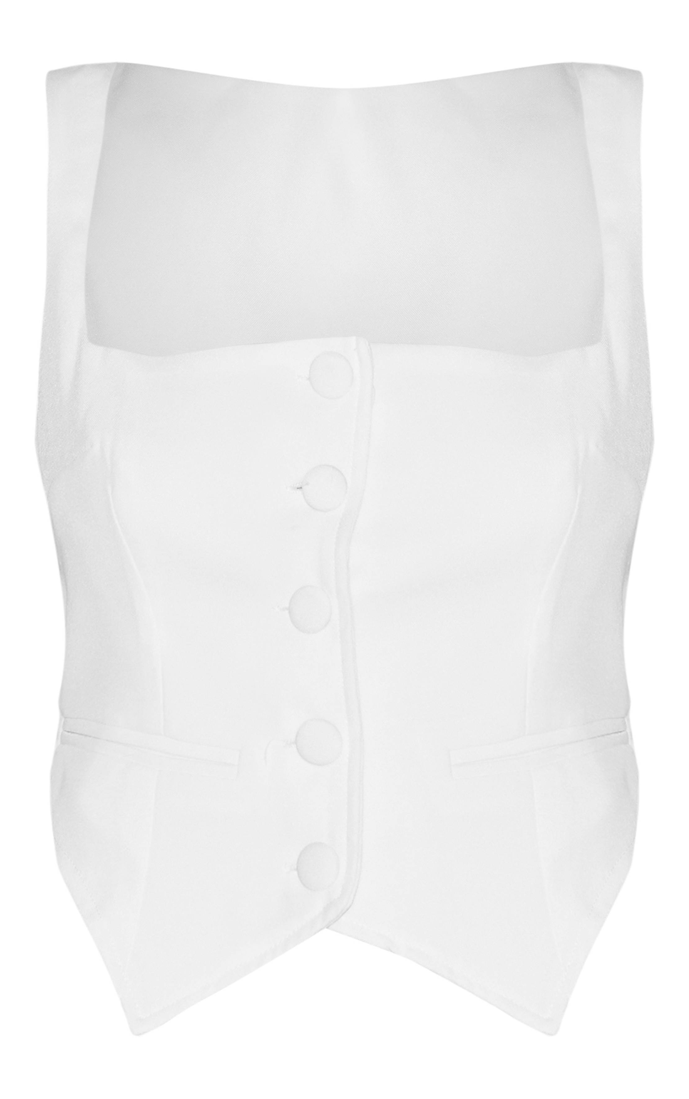 Blanc Gilet Court Sans Manches Col Carré Tissé Premium Ensemble Coordonné
