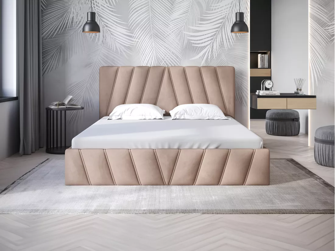 Lit coffre 160 x 200 cm - Velours - Beige - LIDAMA de Pascal Morabito