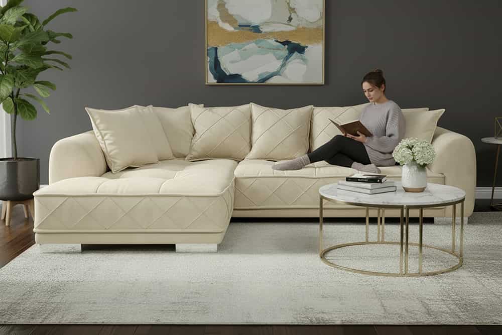 Modernes XXL Ecksofa DECADENCIA 320cm beige Samt Bigsofa inkl. Kissen