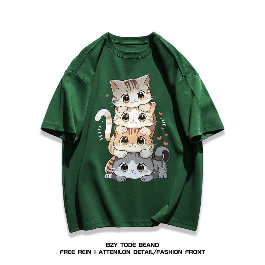 Kupyd - T-shirt met korte mouwen, ronde hals en kattenprint