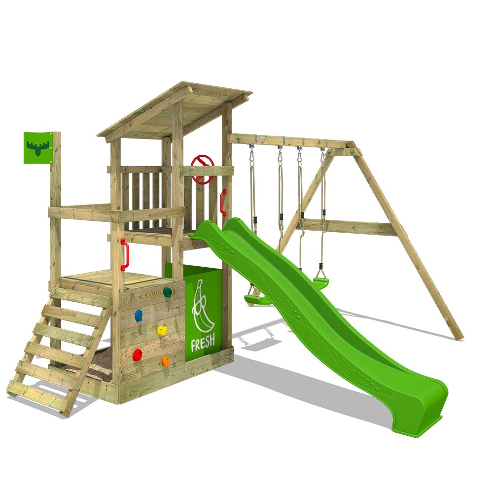 FATMOOSE FruityForest Speeltoren Klimrek met Schommel en Glijbaan, Klimtoren met Zandbak, Ladder en Speelaccessoires - Appelgroen