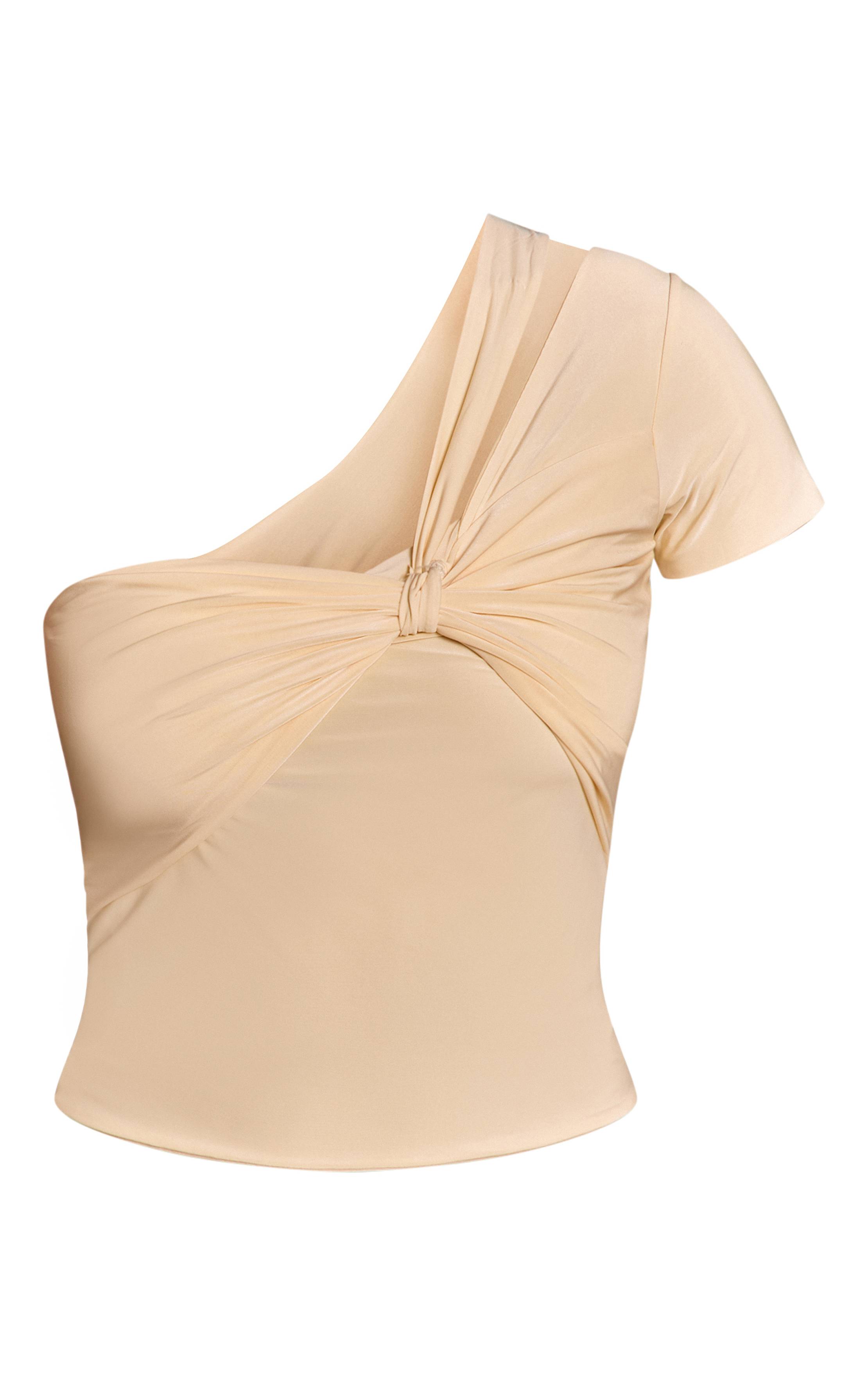 Crème Top Asymétrique Une Épaule À Détail Buste Drapé Double Couche Slinky