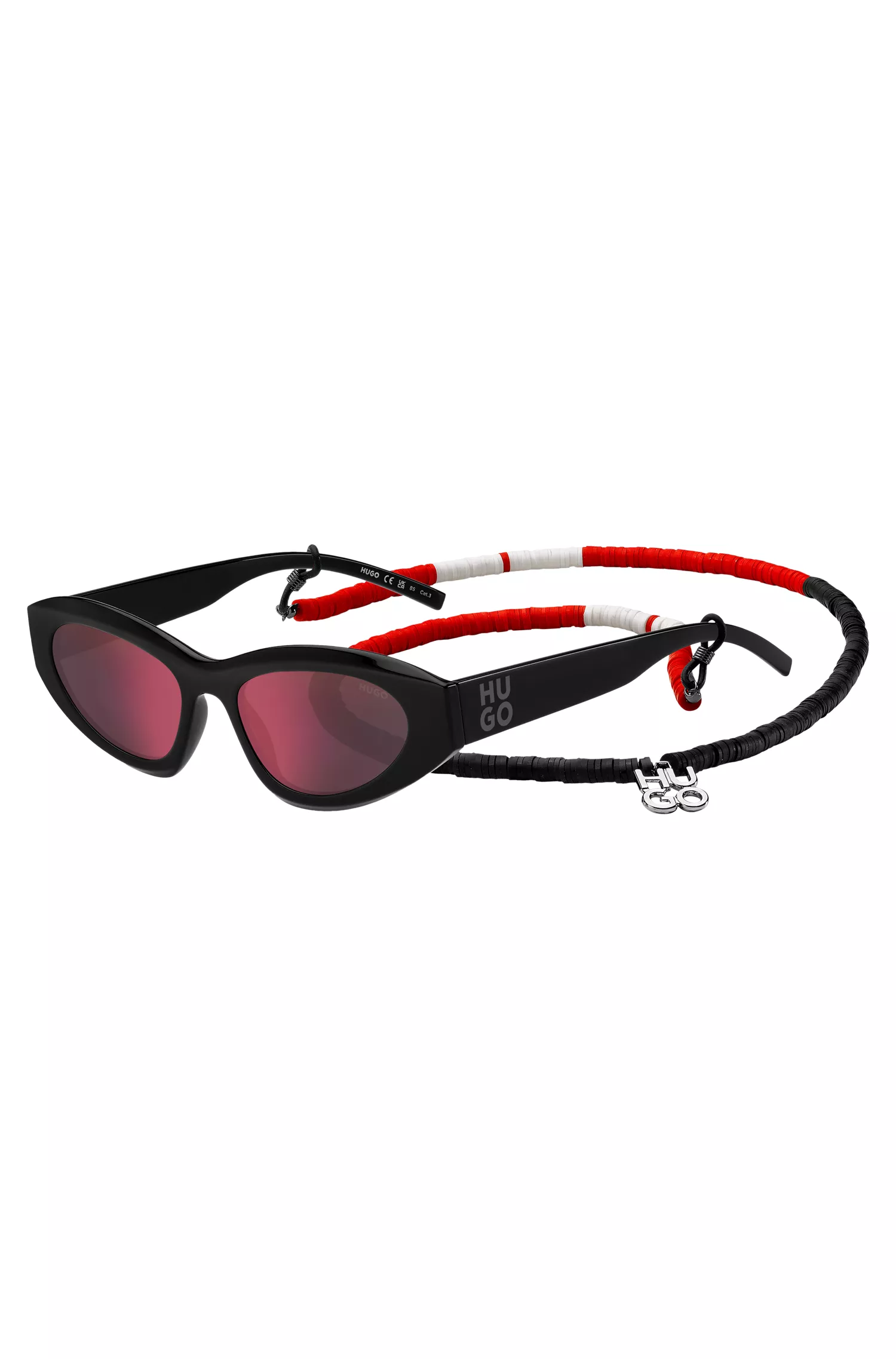 Óculos de sol HUGO vermelho e preto com corrente de contas.