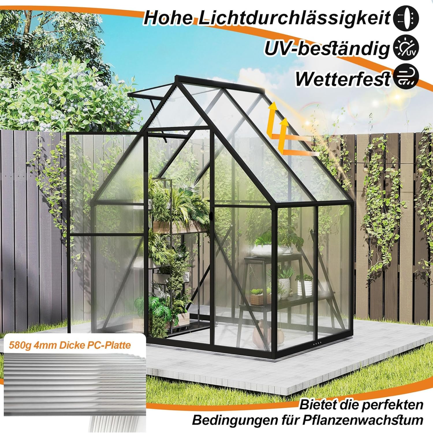 Premium Gewächshaus Aluminium 125x180x195cm 2.25m² Begehbares Garten-Gewächshaus mit verstärktem Fundament & Dachfenster & Tür Wetterfest & temperaturbeständig für Tomaten, Gemüse & Pflanzen