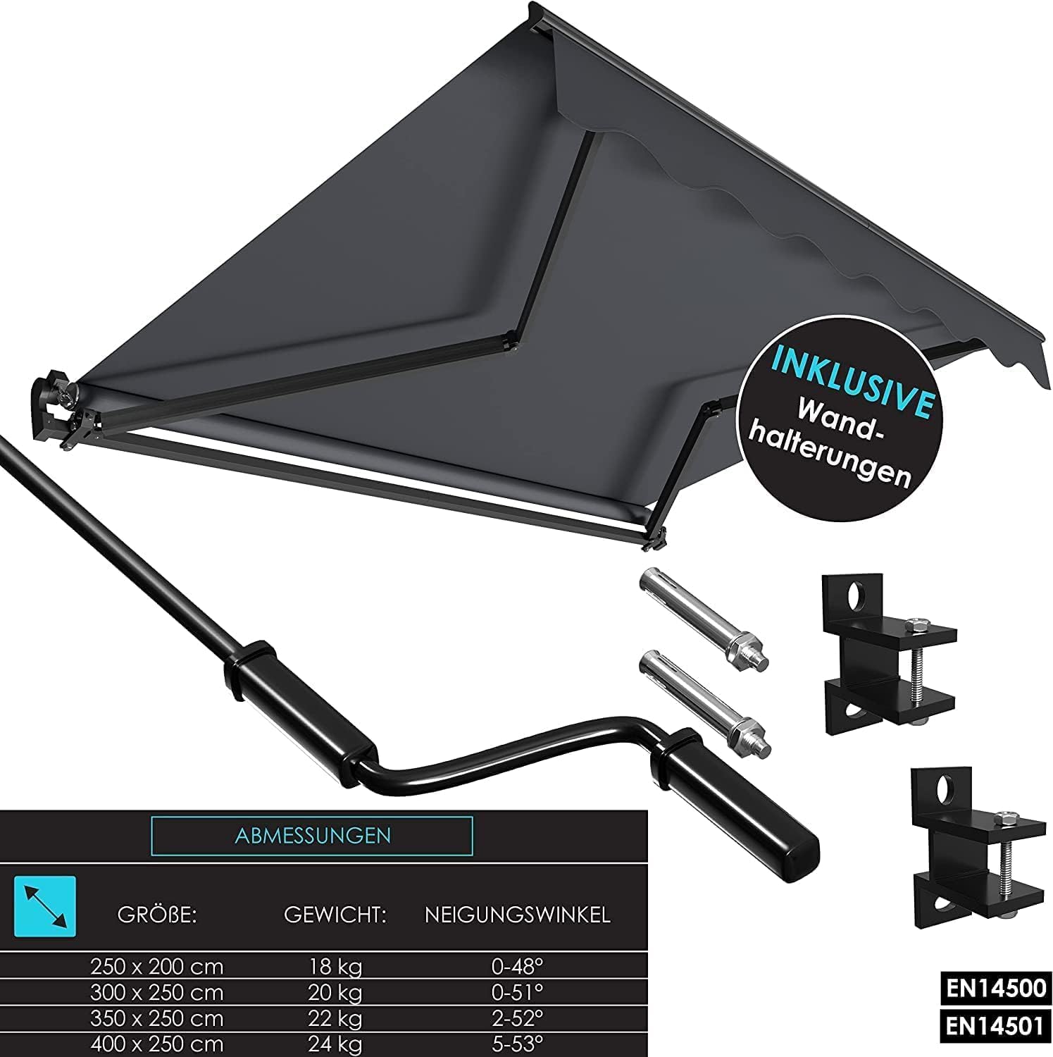 KESSER® Gelenkarmmarkise Markise Gelenkmarkise 300 x 250cm Terrassenmarkise Klemmmarkise Sonnenmarkise inkl. Wandhalterung Sonnenschutz Balkonmarkise wasserabweisend Alu/Polyester, Anthrazit