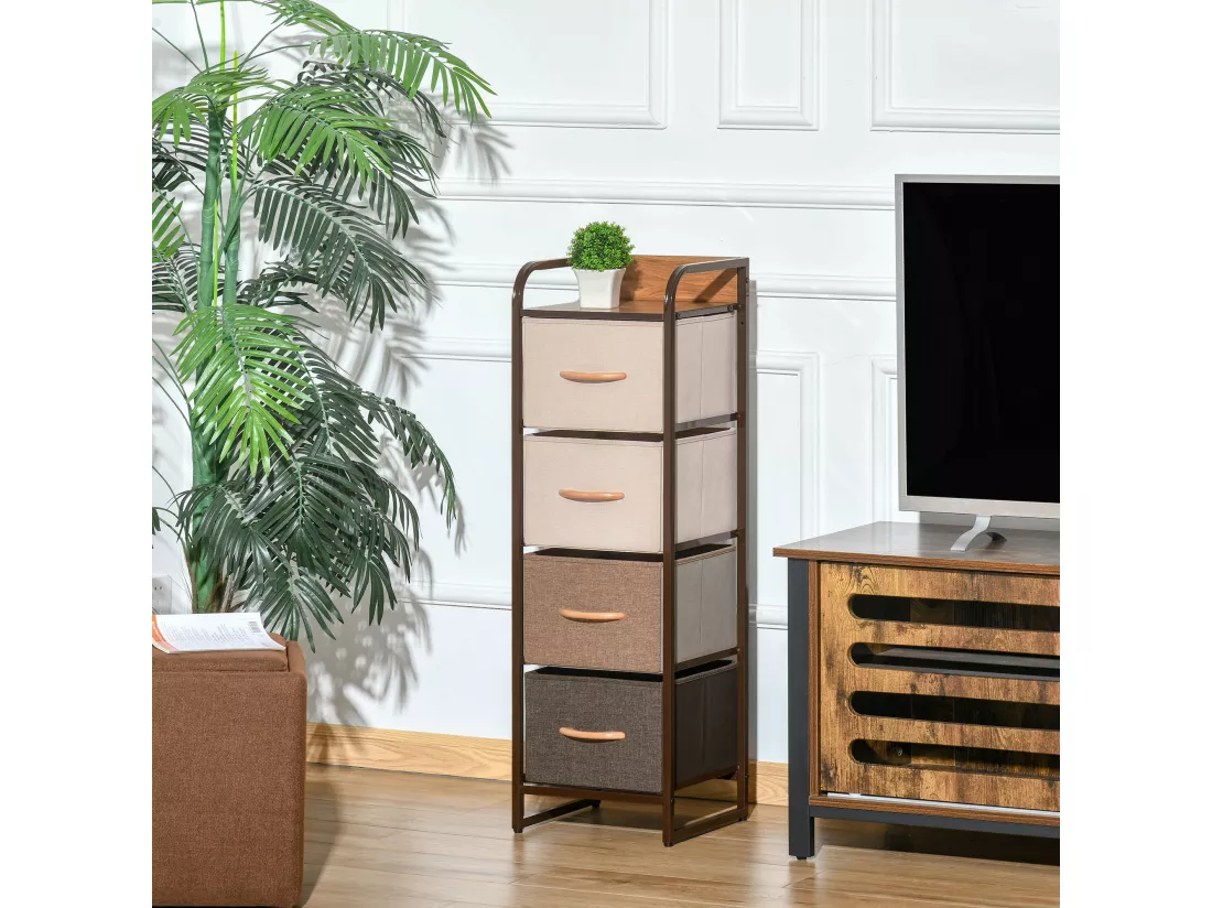 Meuble de rangement chiffonnier 4 tiroirs acier MDF aspect bois non tissé marron beige