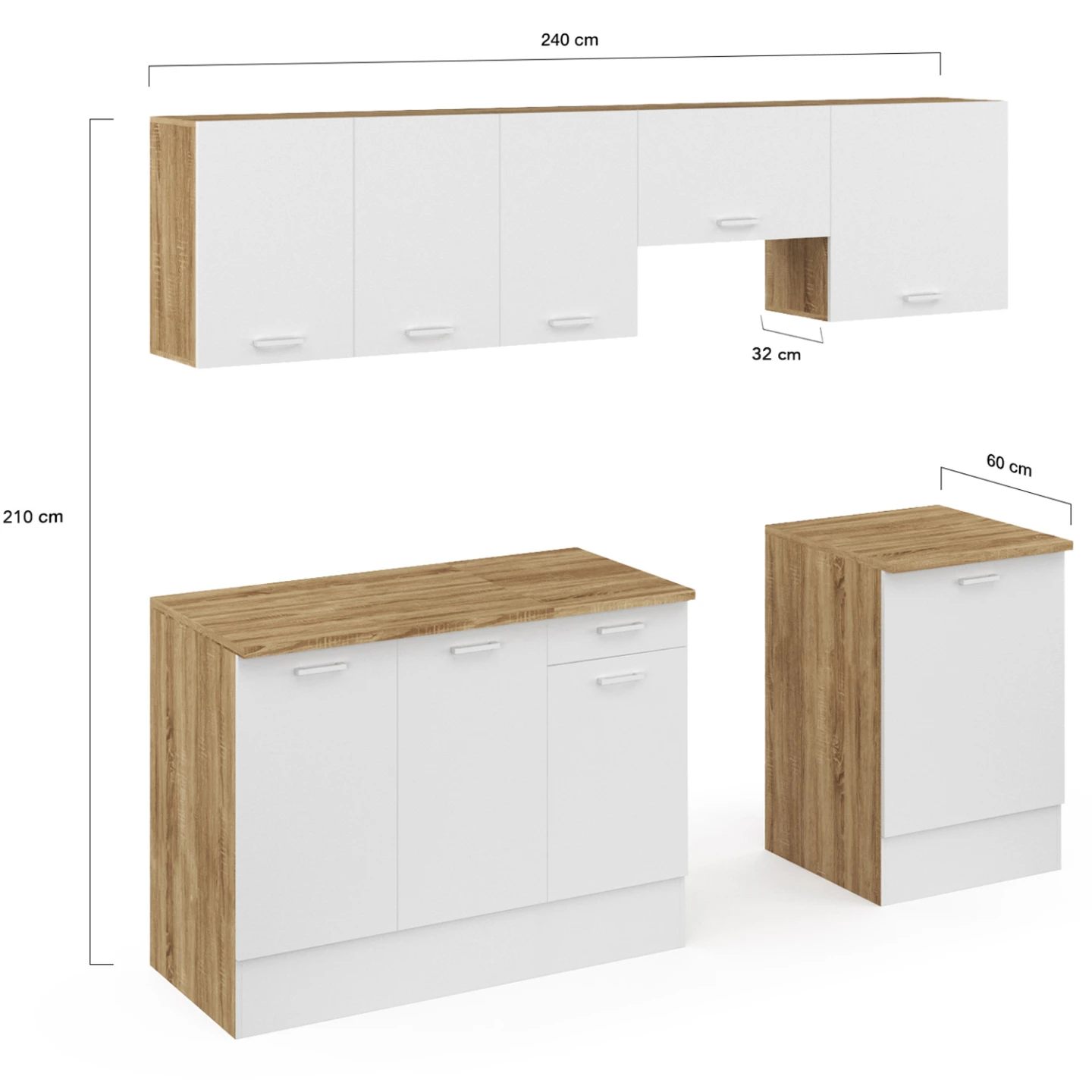 Cuisine complète 240 cm SUBTIL avec plan de travail 7 éléments bois et blanc