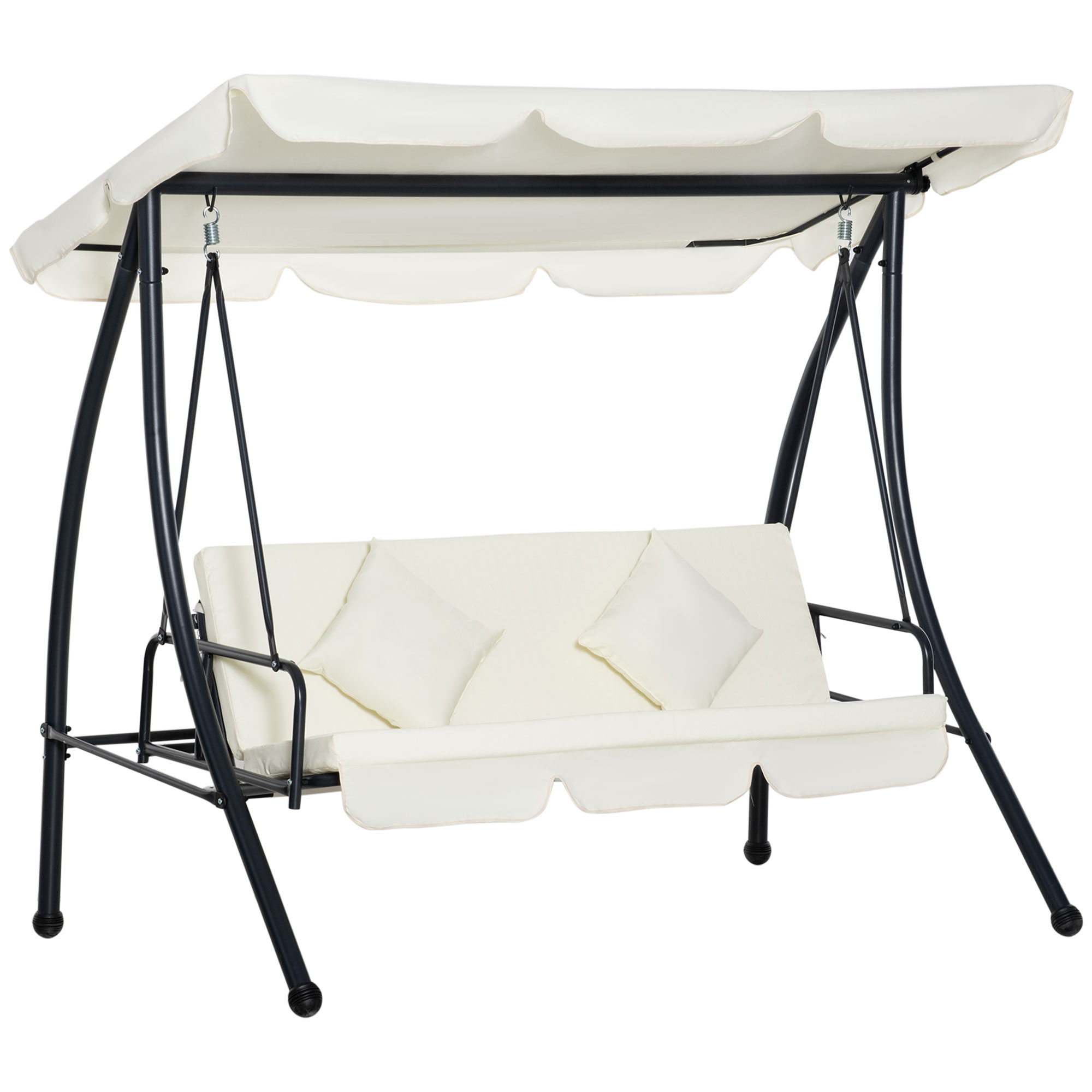 Cadeira de balanço de jardim Outsunny de 3 lugares, conversível em cama, com dossel ajustável, almofada acolchoada e travesseiros para varanda/terraço, capacidade de carga de 340 kg, aço, 200x125x170 cm, creme.