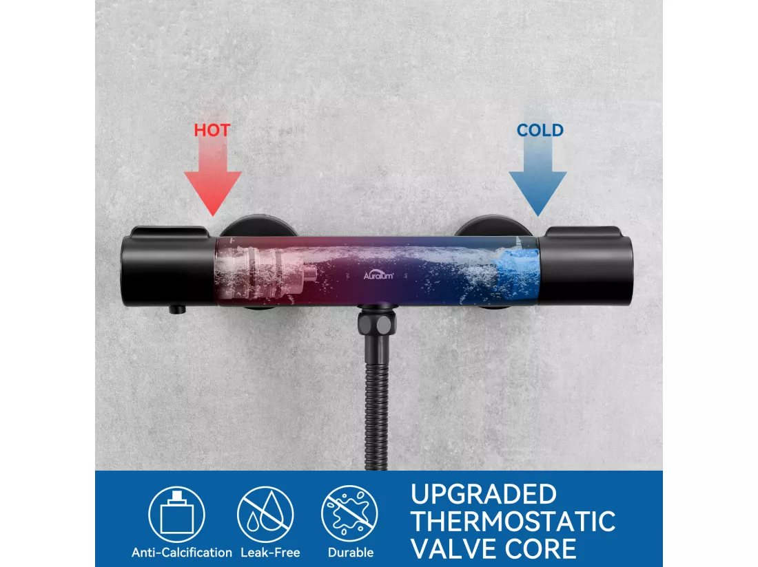 Mitigeur Thermostatique Douche Noir,Robinet Thermostatique de Douche Anti-brûlure avec Bouton Sécurisé à 38°C ,Mitigeur Douche en Laiton