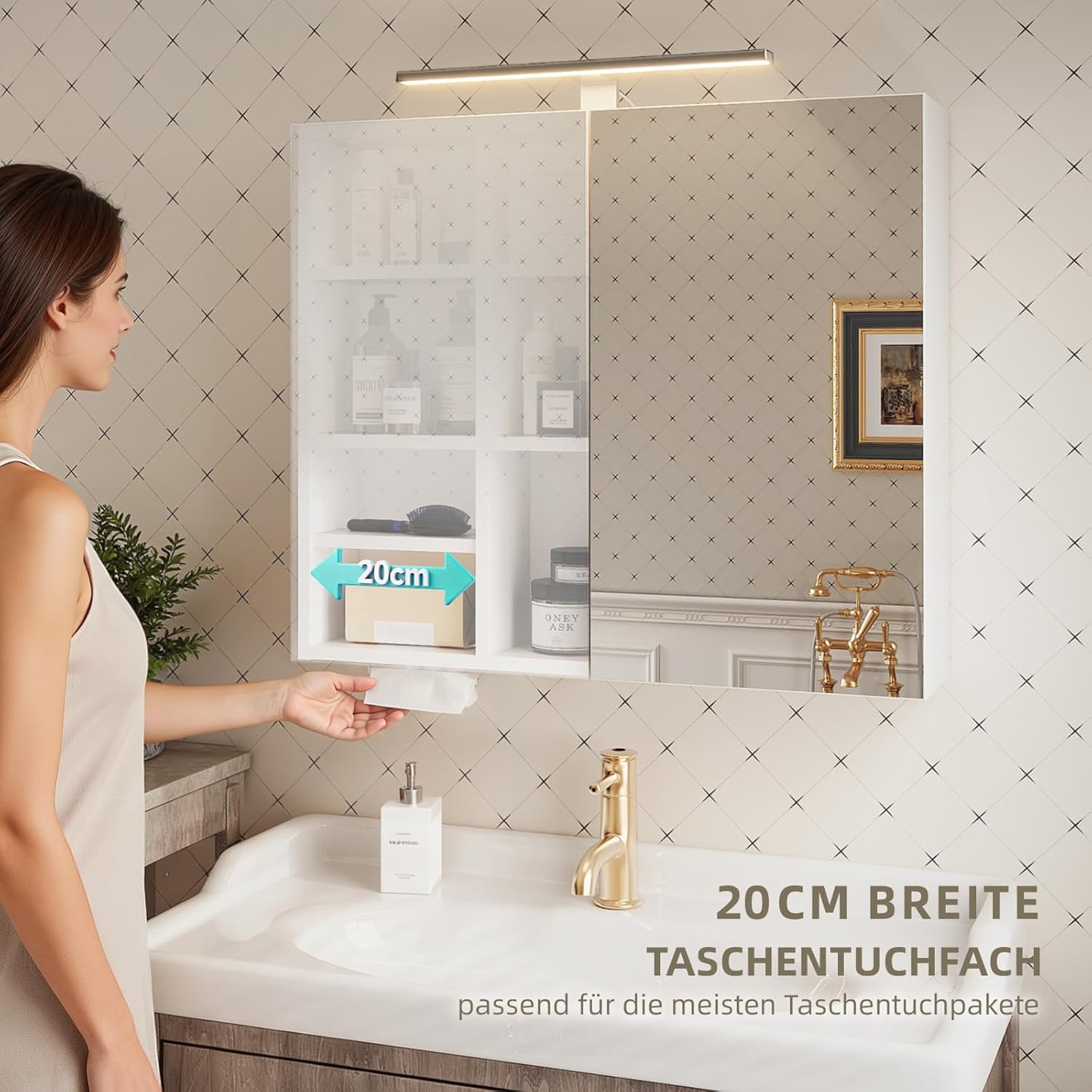 Spiegelschrank für Bad mit Beleuchtung 70x60 cm 2 Türen Badezimmerspiegel mit Steckdose höhenverstellbare Einlegeböden Wandspiegel mit Stauraum Badschrank mit Spiegel für Badezimmer (70x60cm)