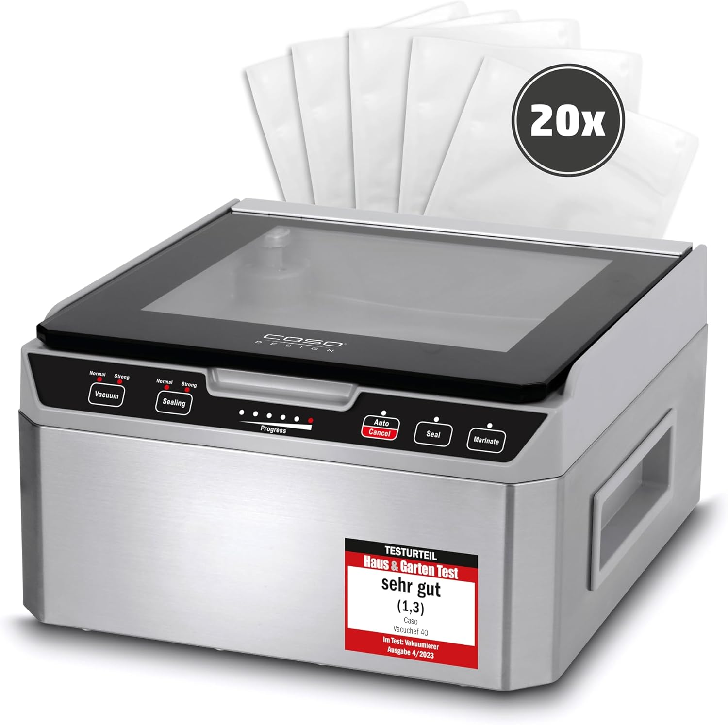 Caso VacuChef 40 - Kammervakuumierer aus Edelstahl, 3L Vakuumkammer 70 Liter/Minute, doppelte Schweißnaht, einstellbare Vakuum- und Schweißzeit, 1417