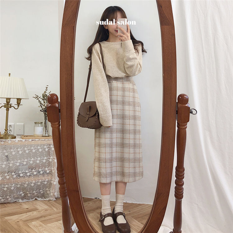 Tangihouse - Hoge taille geruite midi rechte rok