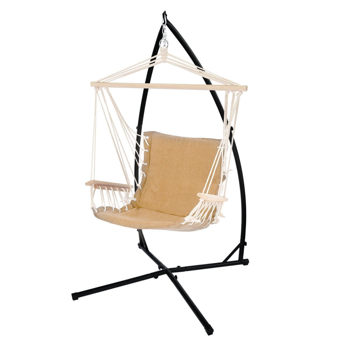 ECD Germany Hangstoelframe Zwart 208 cm met Terra Cota Hangstoel, Hangstoel met armleuningen, Katoenen Hangschommel tot 120 kg, Vrijstaand Hangstoelframe Metalen Frame Hangstoelstandaard