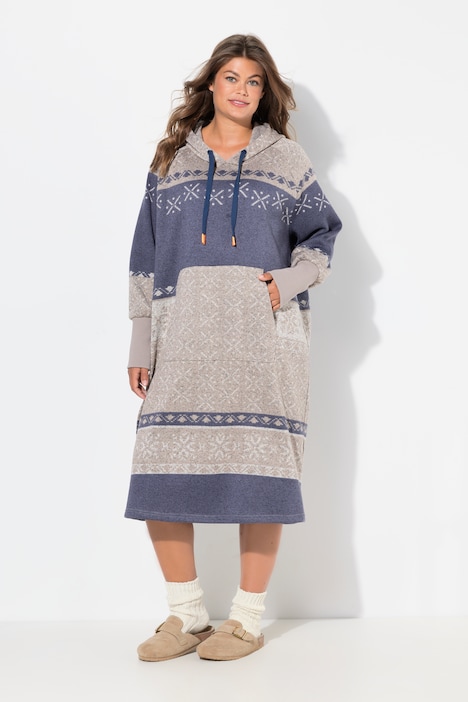 Norweger-Strickfleecekleid, Kapuze, oversize