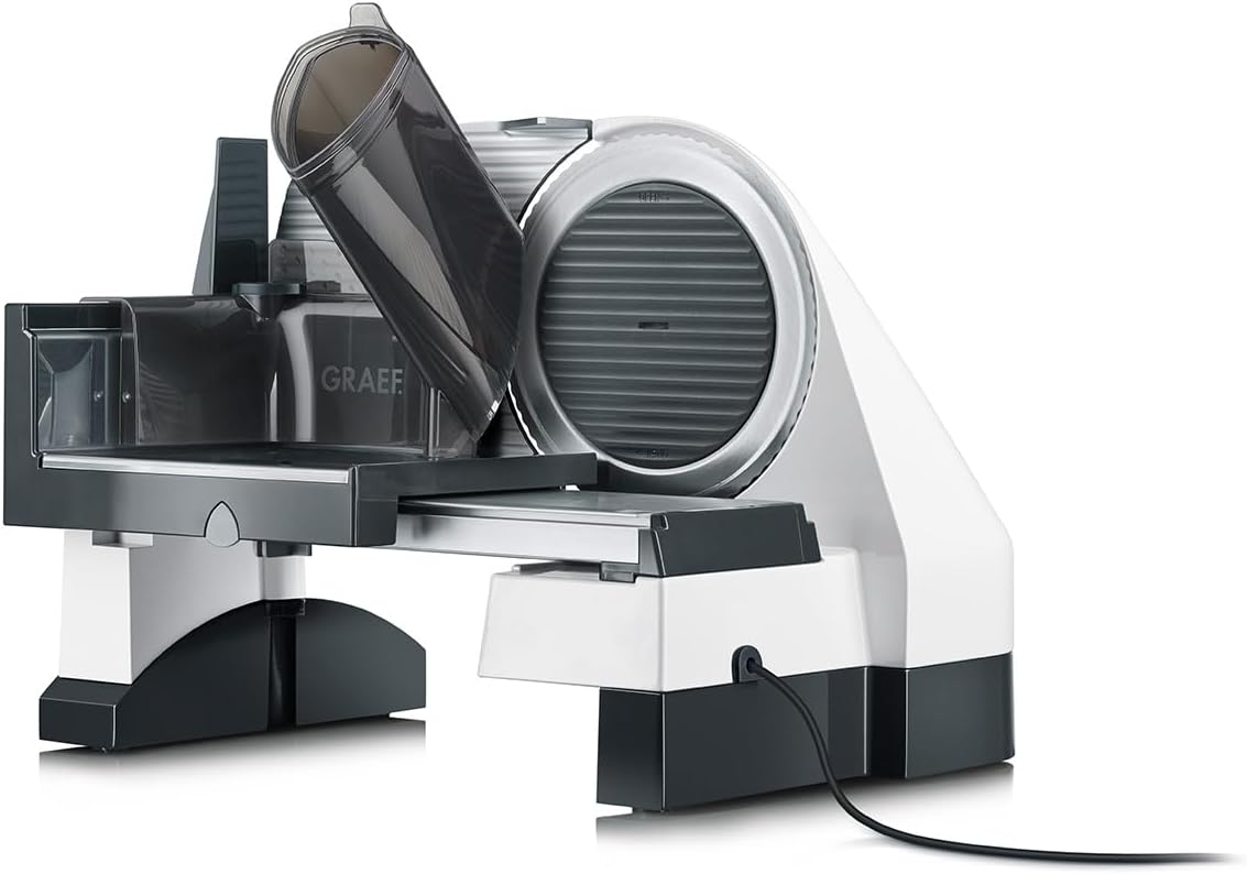GRAEF. Allesschneider S50001 weiß mit Edelstahlmesser Ø 170 mm, Aufbewahrungsbox & MiniSlice-Aufsatz, stufenloser Schnittstärke, zentrale Bedieneinheit, erhöhter Bauweise, schnelles Schneiden, leise