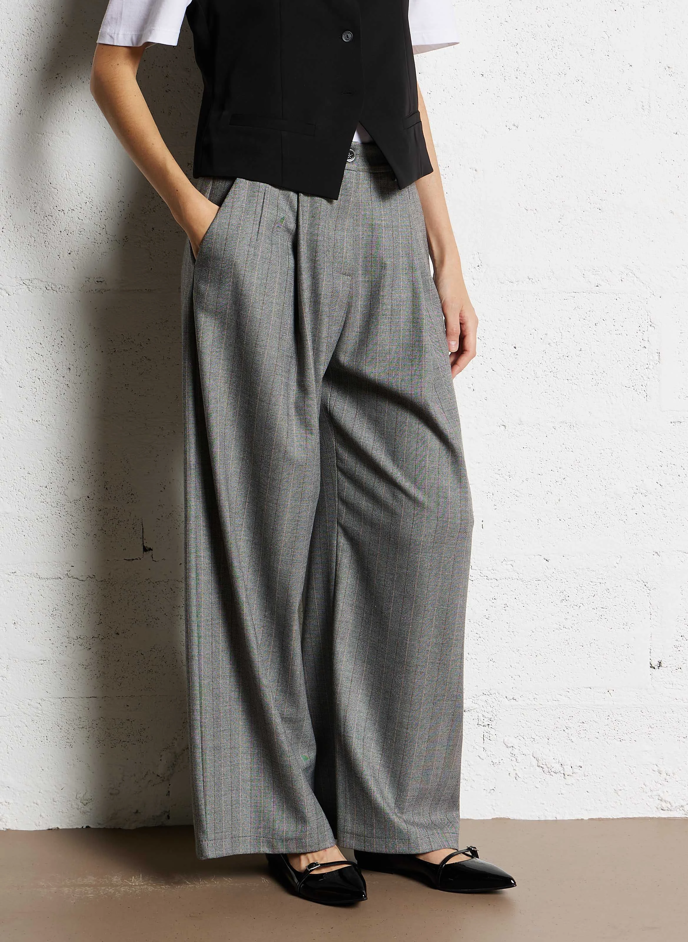 Pantalon large taille haute rayé| Noir