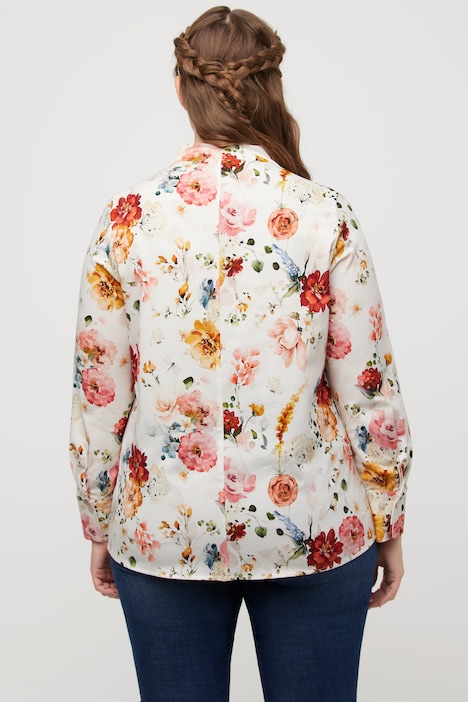 Bluse, Blumen, Kelchkragen, V-Ausschnitt, Langarm