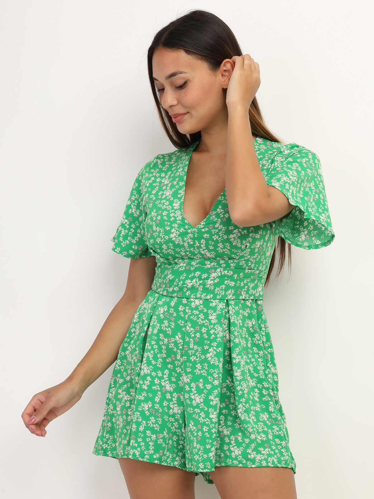 Combi-short à imprimé petites fleurs- Vert