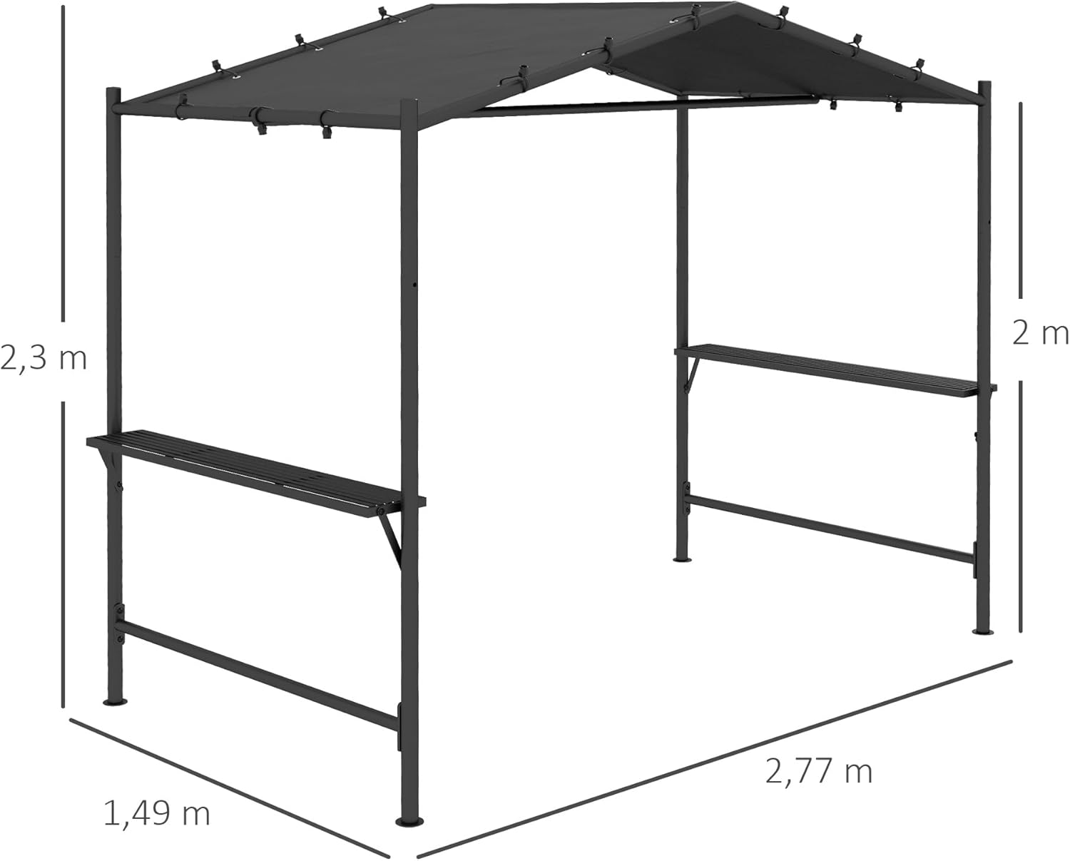 Outsunny Grillpavillon 277 x 149 x 230 cm wasserdicht flammhemmend Gartenpavillon mit Seitenregalen, Gartenlauben mit UV-Schutz, BBQ Pavillon aus Stahl, Gartenzelt Grillzelt für Party BBQ, Dunkelgrau